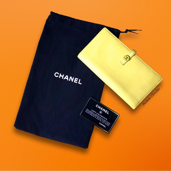 CHANEL Coco Button Snap Yellow Caviar 2004 Vintage Leather Long Wallet - Picture 10 of 15